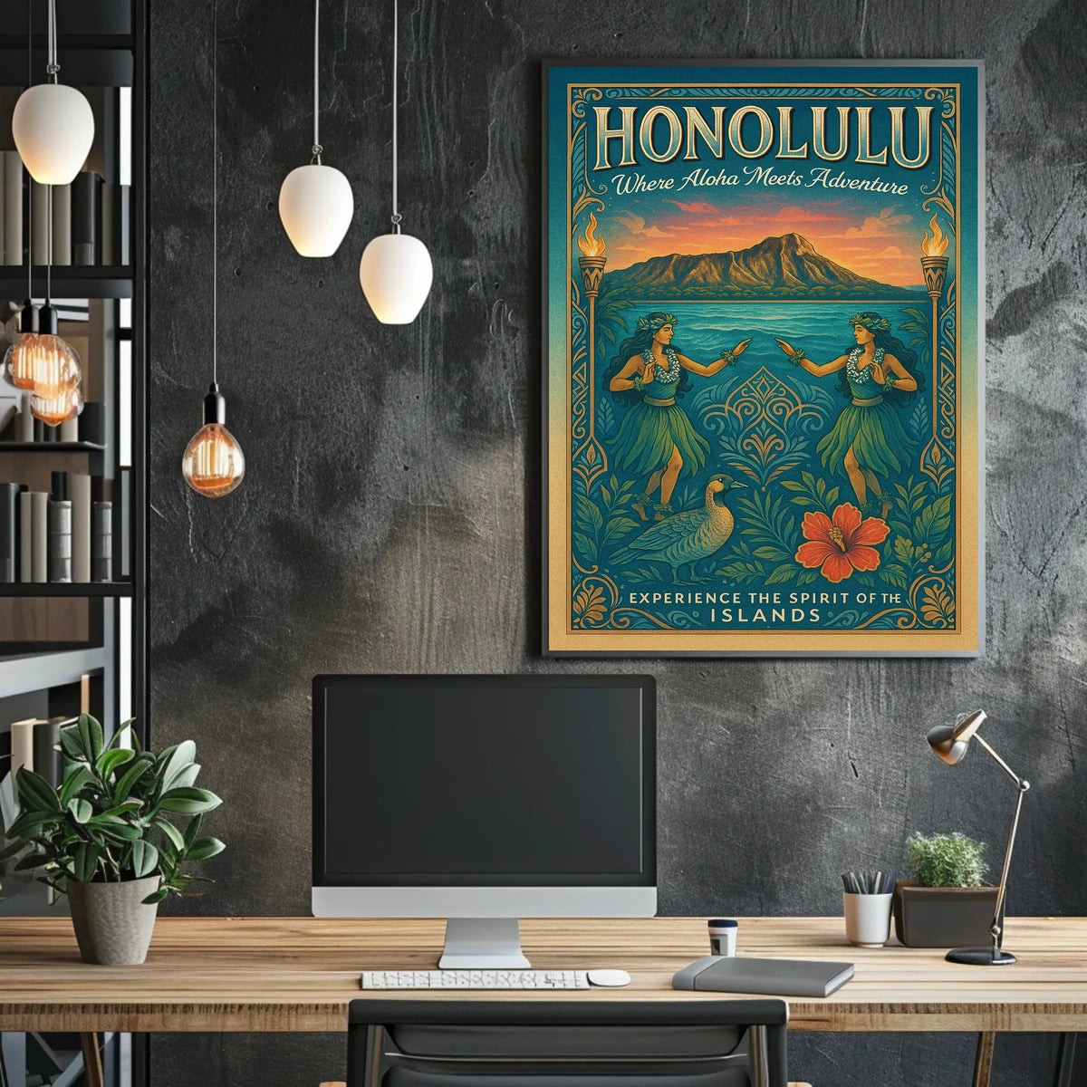 Hawaiian Vintage Art Poster Hula Dancers & Sunset