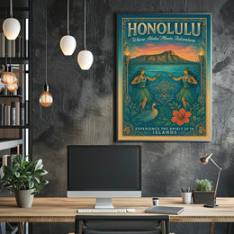 Hawaiian Vintage Art Poster Hula Dancers & Sunset