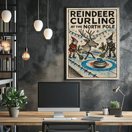 Reindeer Curling at the North Pole Poster