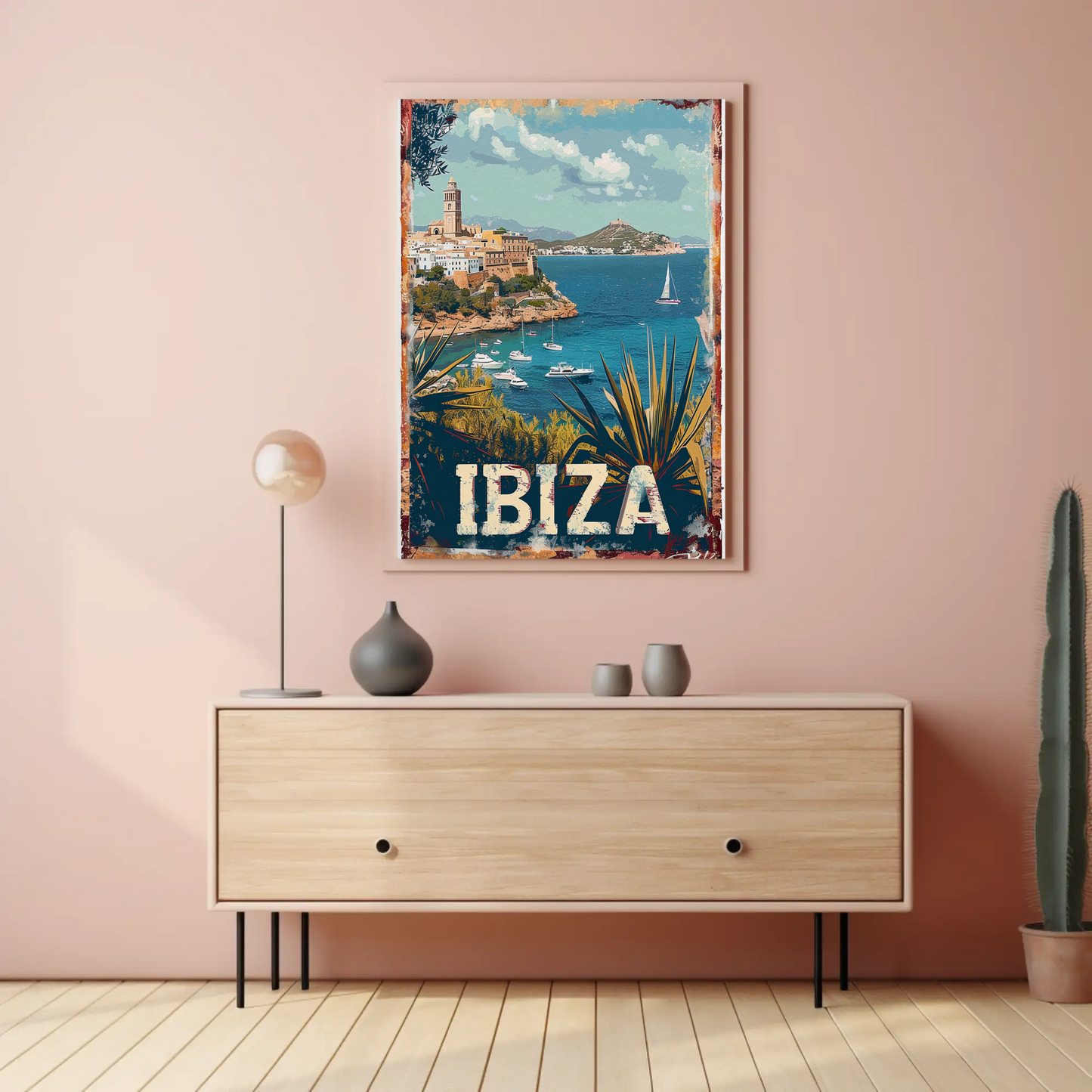 Ibiza Cliffside Town and Sailing Bay Travel Poster