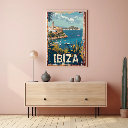 Ibiza Cliffside Town and Sailing Bay Travel Poster