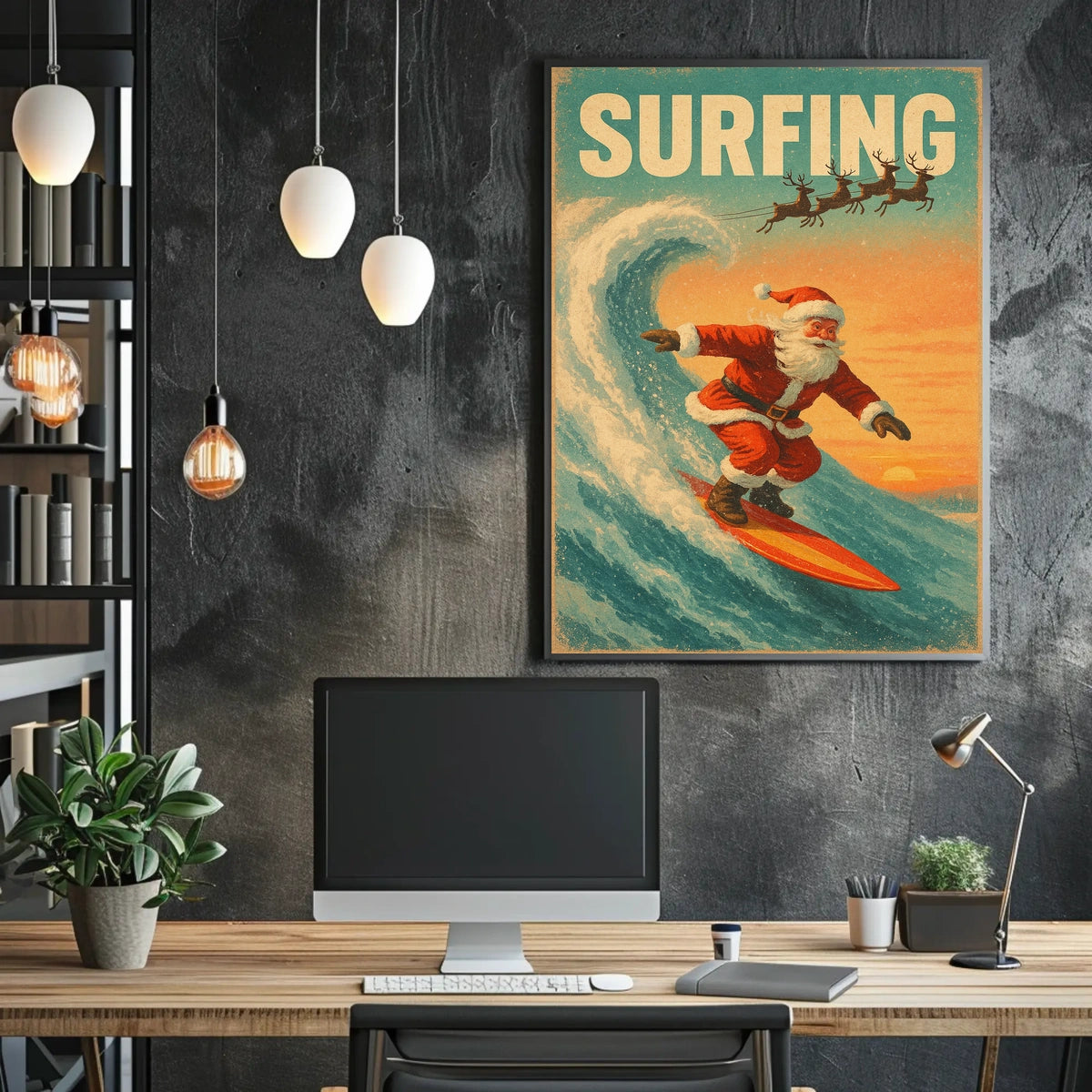 Santa Surfing Retro Christmas Holiday Poster