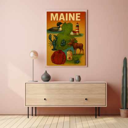 Maine State Symbols Moose Maple Lighthouse Poster