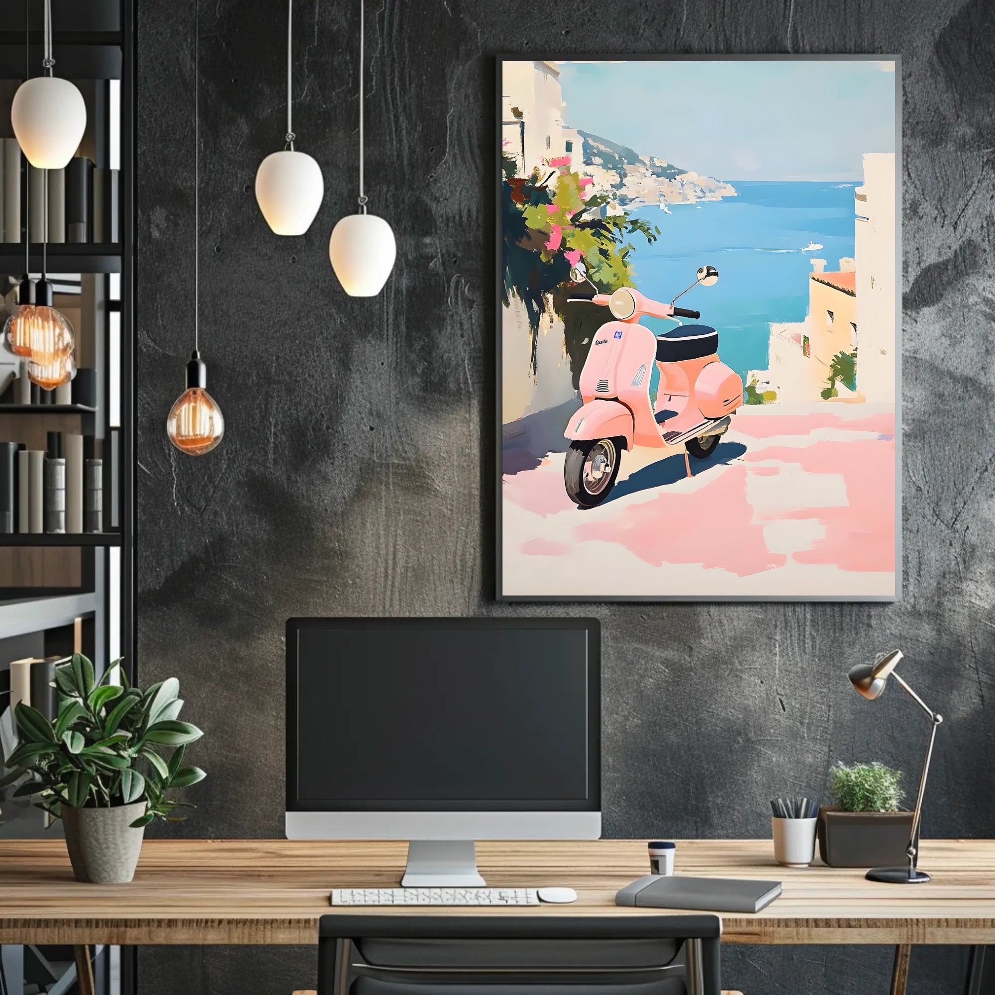 Vespa Coastal Poster Vintage Pastel Travel Wall Art
