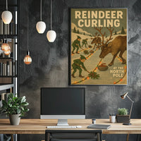 Reindeer Curling at the North Pole Poster