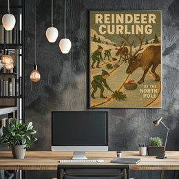 Reindeer Curling at the North Pole Poster