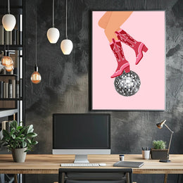 Retro Cowboy Boots Disco Ball Pop Culture Poster PosterGoat