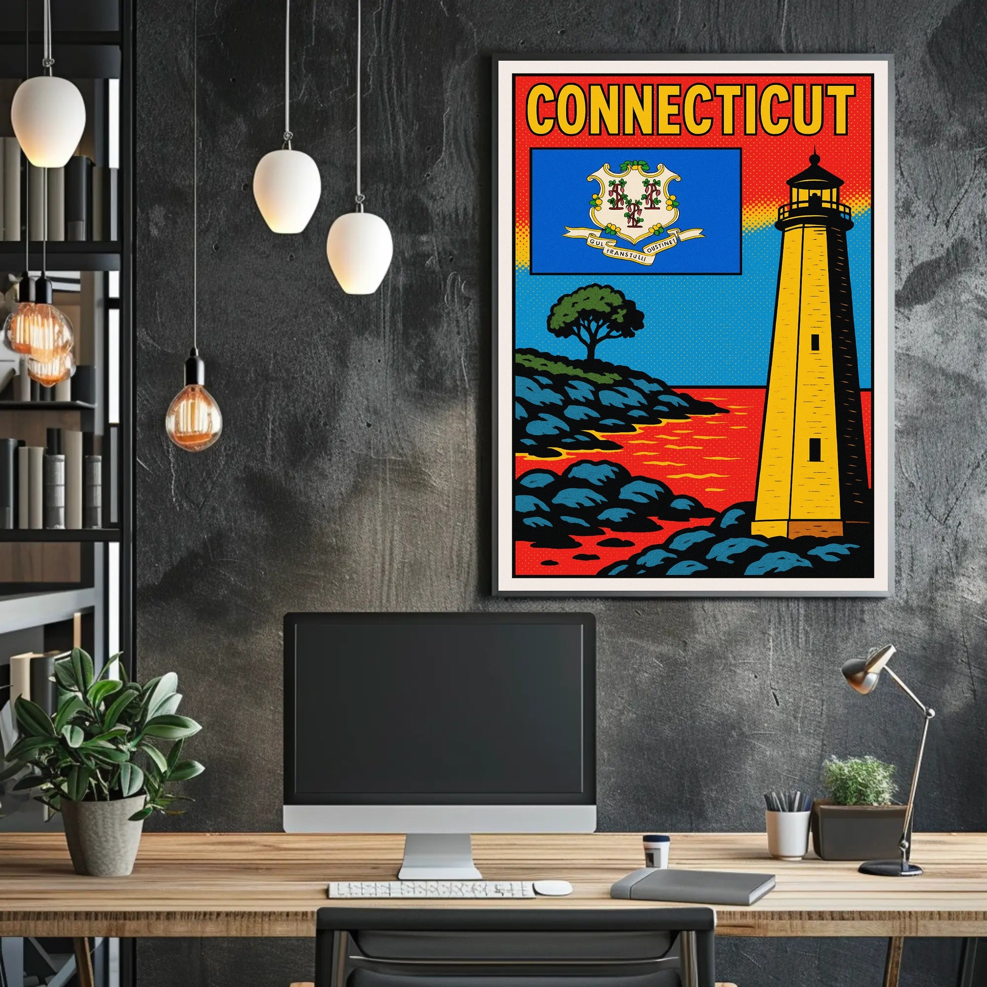 Connecticut Lighthouse and State Emblem Poster PosterGoat