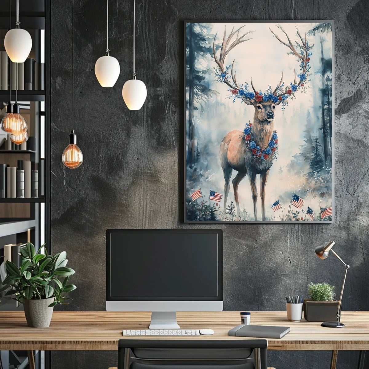Deer With Antlers Adorned In Blue And Red Garland Poster