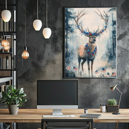 Deer With Antlers Adorned In Blue And Red Garland Poster
