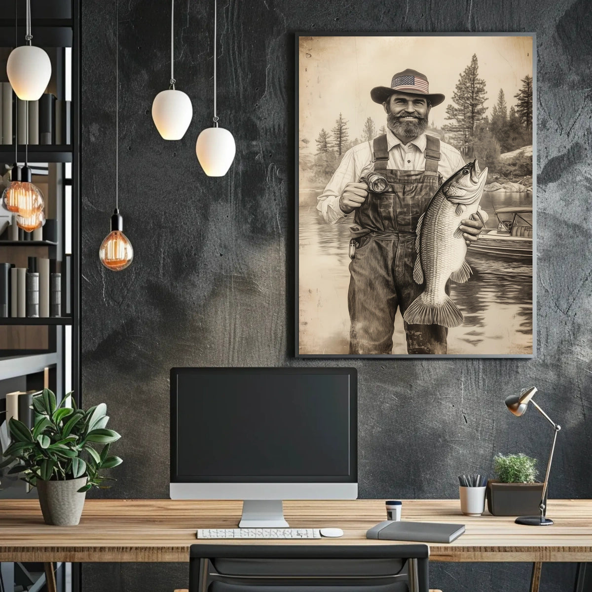 Vintage Fisherman Proudly Holds Large Bass Fishing Poster