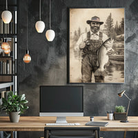 Vintage Fisherman Proudly Holds Large Bass Fishing Poster