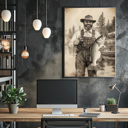 Vintage Fisherman Proudly Holds Large Bass Fishing Poster