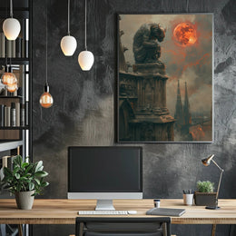 Gothic Gargoyle Under a Fiery Moon Fantasy Poster PosterGoat