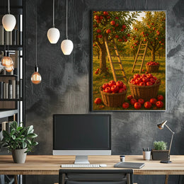 Serene Orchard Apple Harvest Photorealistic Rural Countryside Rustic Charm Nostalgic Farm Sunset Warmth Poster