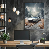 Retro Sports Car Adventure in Fantasy Landscape Futuristic Sci-Fi Poster