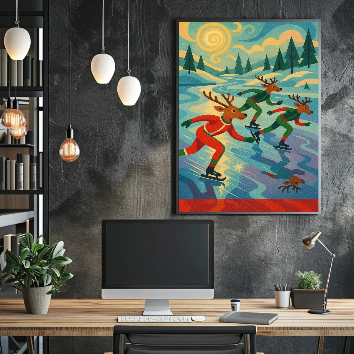 Whimsical Reindeer Skating Retro Art Poster