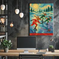 Whimsical Reindeer Skating Retro Art Poster