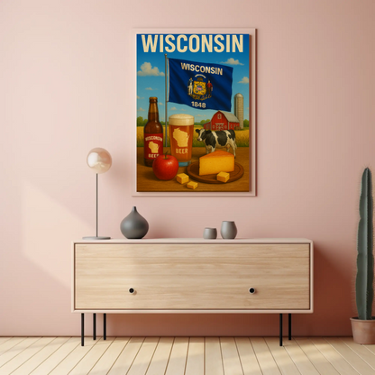 Wisconsin Beer Cheese Cow Barn Farm Apple Travel Poster