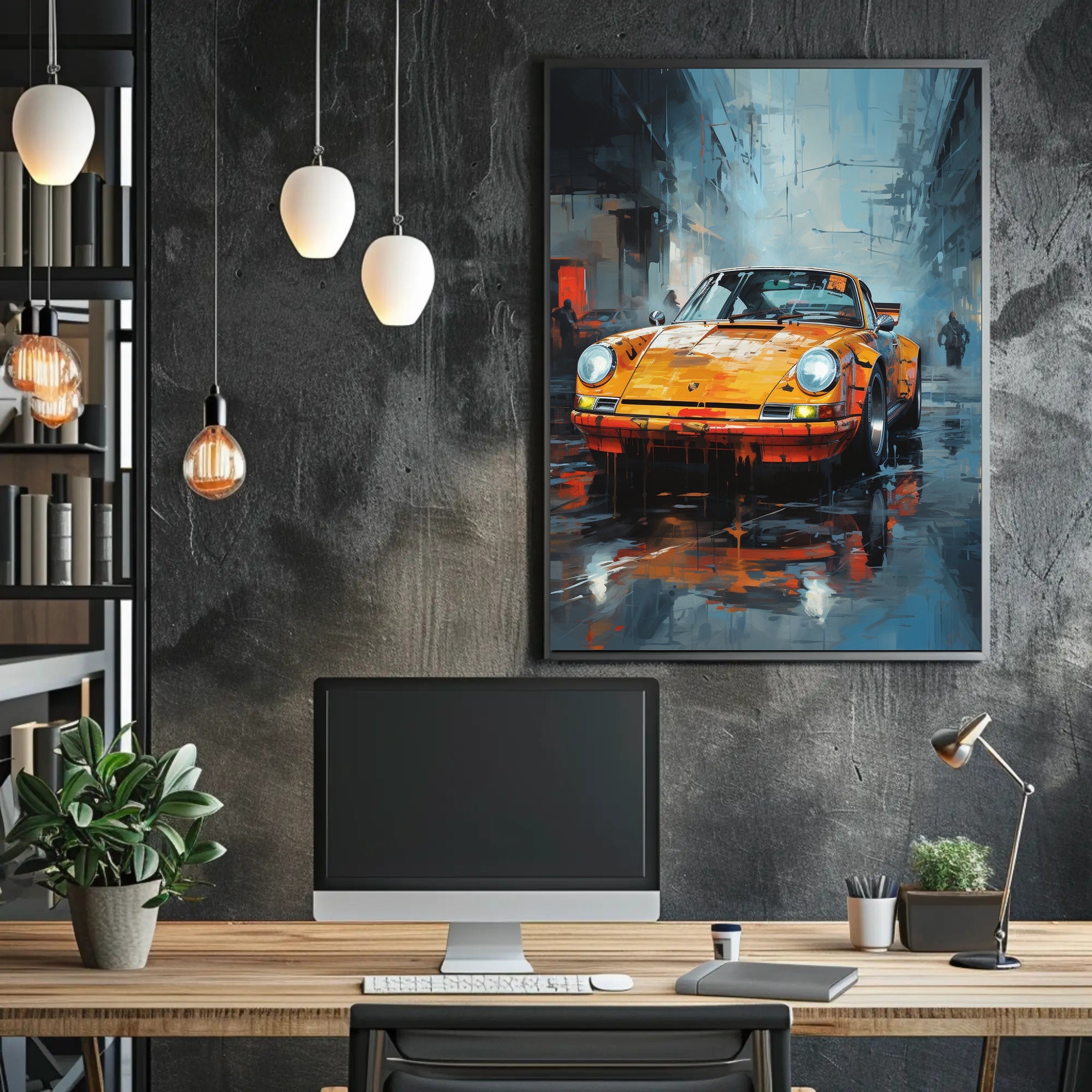 Vintage Sports Car on Rainy Street: Artistic Poster