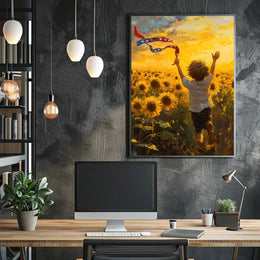 Child Running Through Sunflower Field At Golden Hour Poster