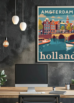 Amsterdam Canal Houses Scenic Vintage Travel Poster