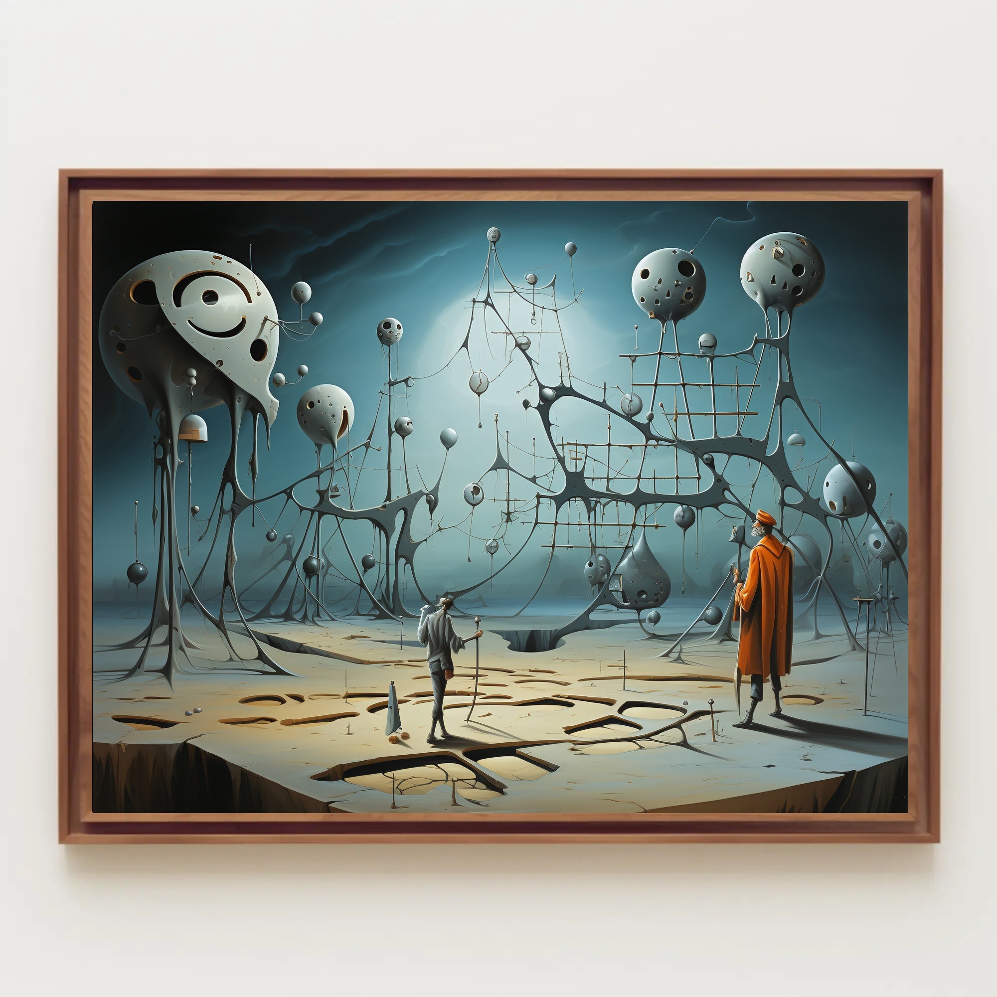 Surreal Dreamscape with Explorers: Futuristic Sci-Fi Poster