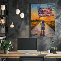 Child Holding American Flag On Sunset Dirt Road Poster