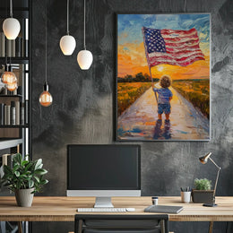 Child Holding American Flag On Sunset Dirt Road Poster