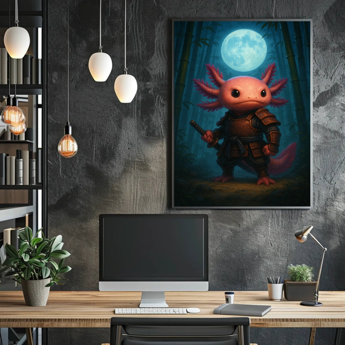 Samurai Axolotl Under The Moon Poster