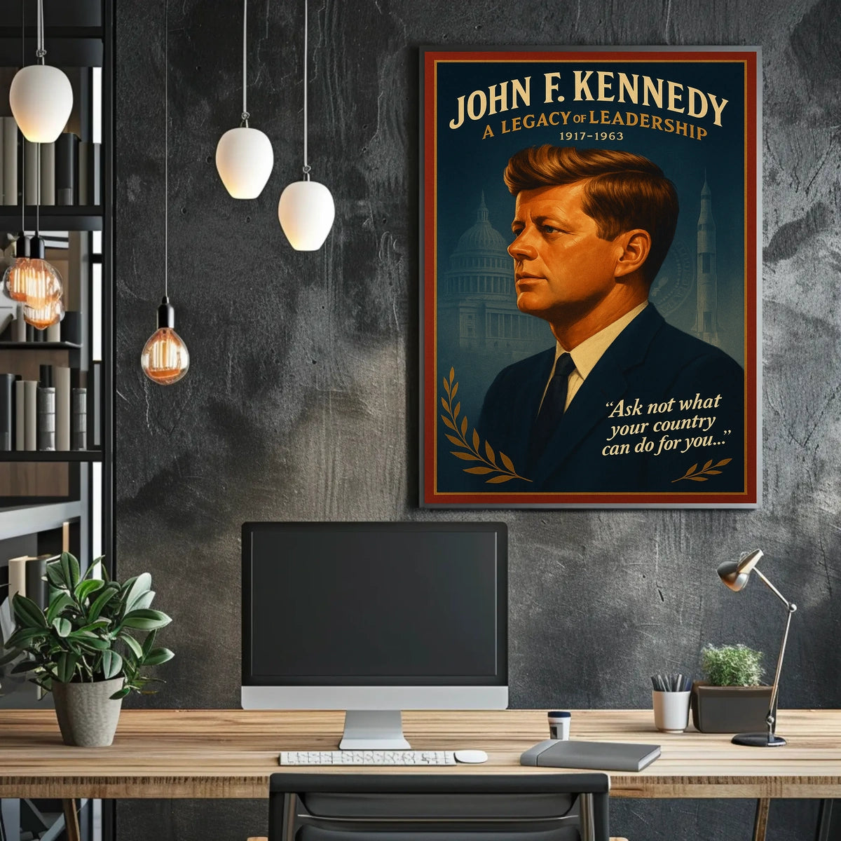 The poster is a vintage-inspired tribute to John F. Kennedy, emphasizing his leadership Travel Poster