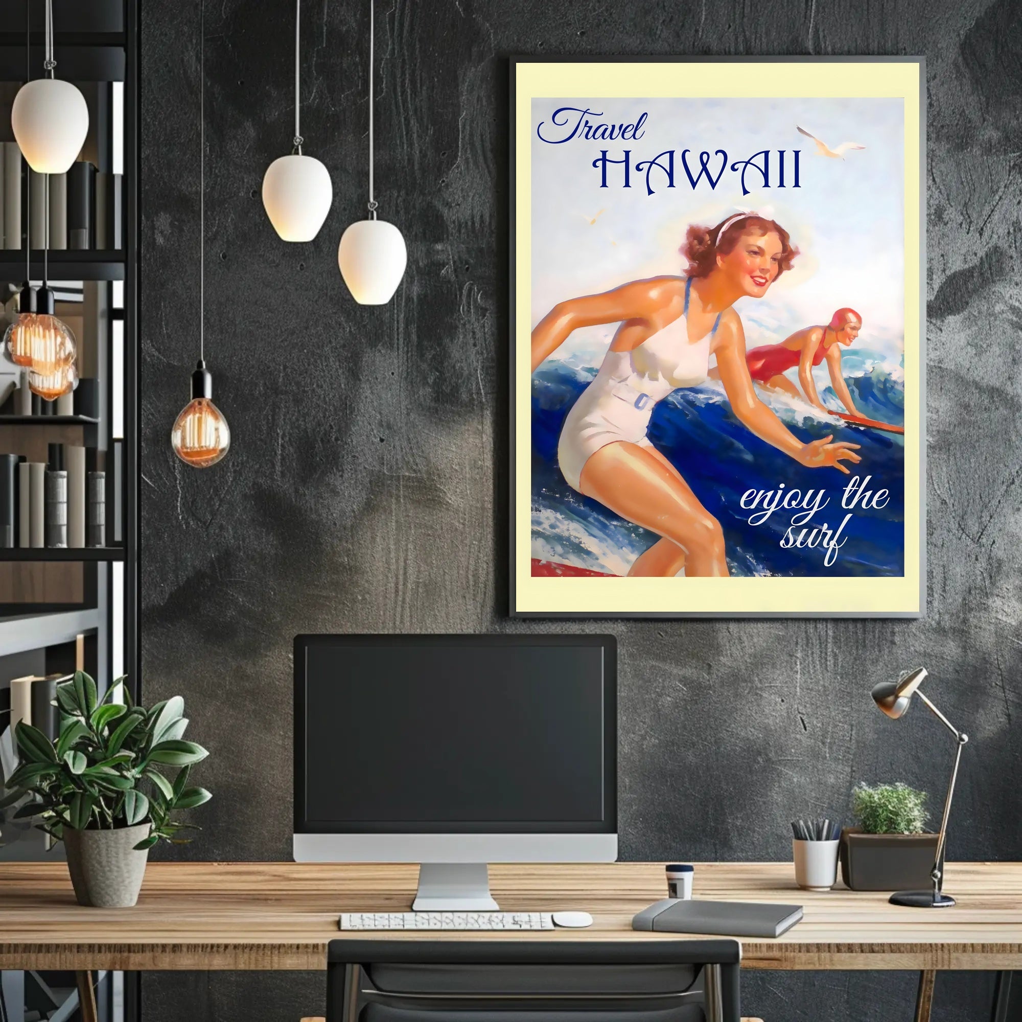 Hawaii Vintage Surfing Travel Artwork from the 1950s Travel Poster