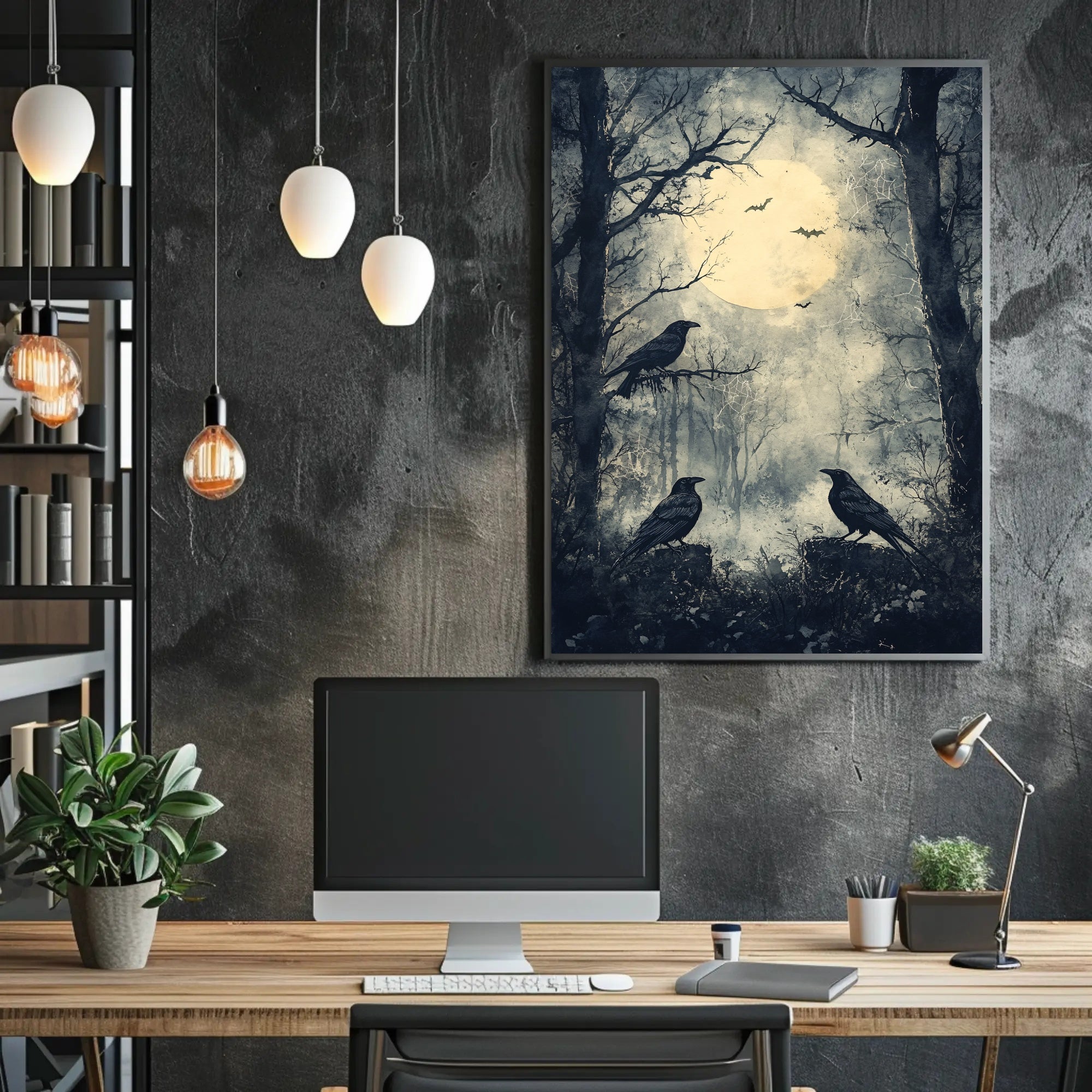 Moonlit Forest With Ravens Poster