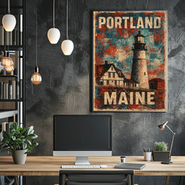Portland Maine Lighthouse Coastal Escape Watercolor Realism Harbor Sunrise Palette Timeless Coastal Town Poster