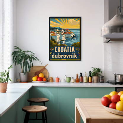 Croatia Dubrovnik Sunset Coastline Vintage Travel Poster