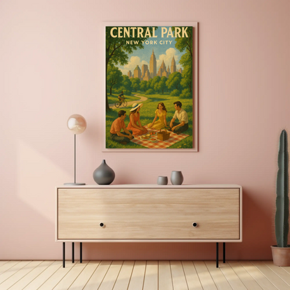 Central Park New York City Picnic Scene Vintage Poster