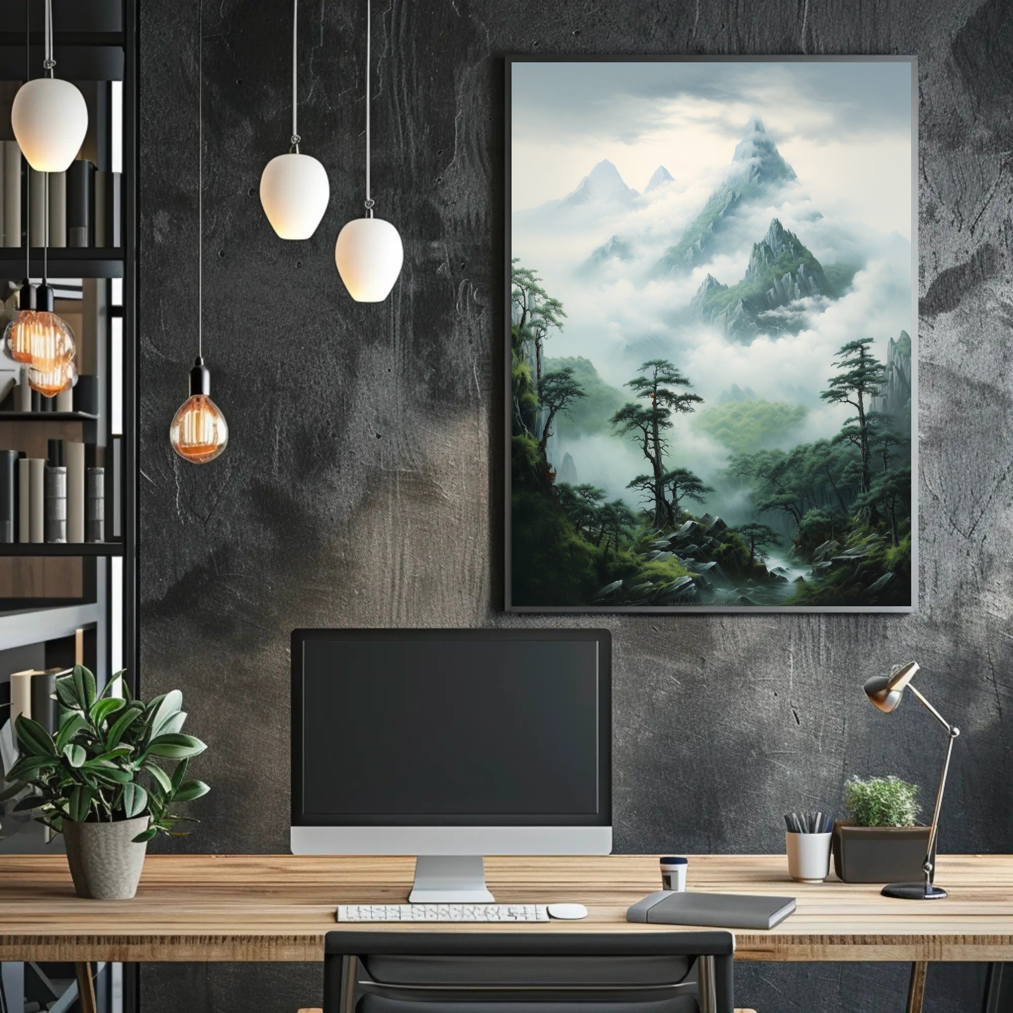 Serene East Asian Mountain Landscape Artwork Poster