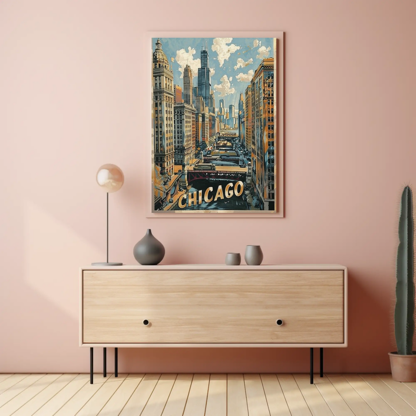 Chicago Skyline River Train Architecture Cityscape Travel Poster