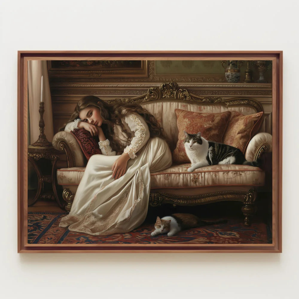 Serene Vintage Woman with Cats in Classic Interior