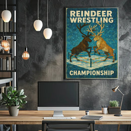The poster titled "Reindeer Wrestling Championship" depicts an imaginative and playful scene featuring Travel Poster