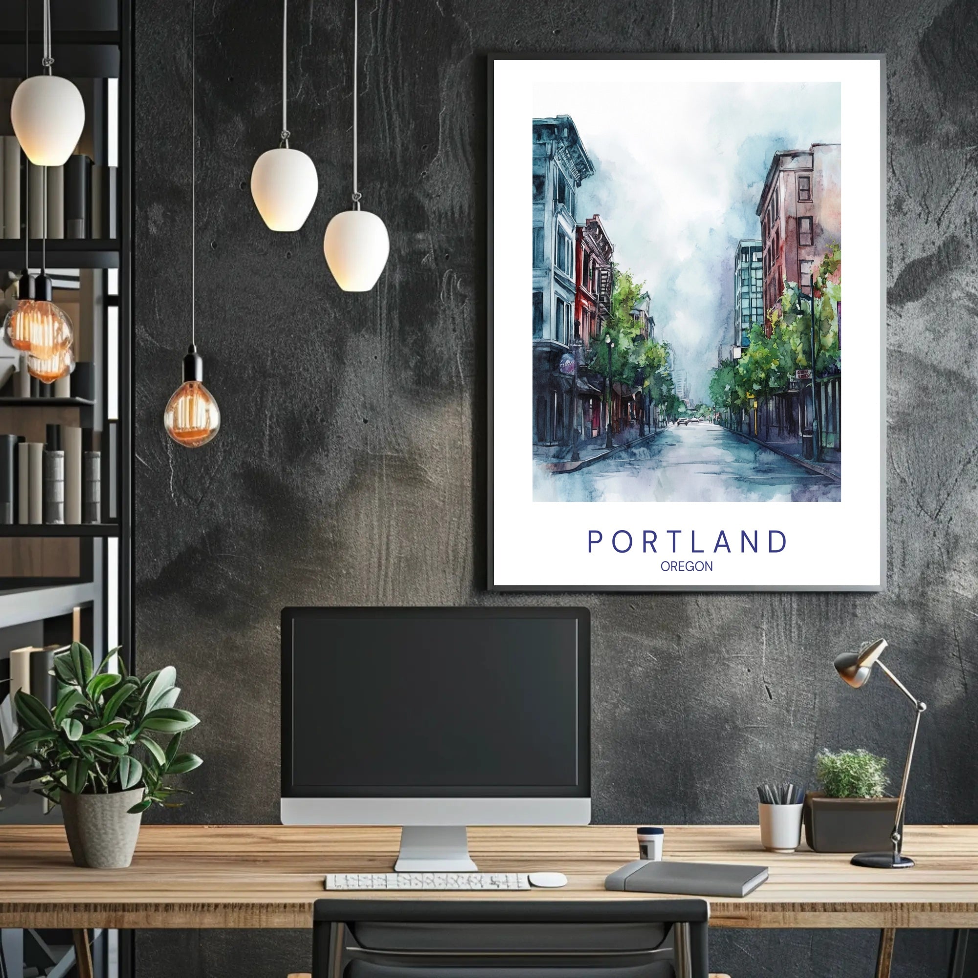 Portland Tranquil Urban Scene Watercolor Urban or Cityscape Poster PosterGoat