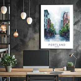 Portland Tranquil Urban Scene Watercolor Urban or Cityscape Poster PosterGoat