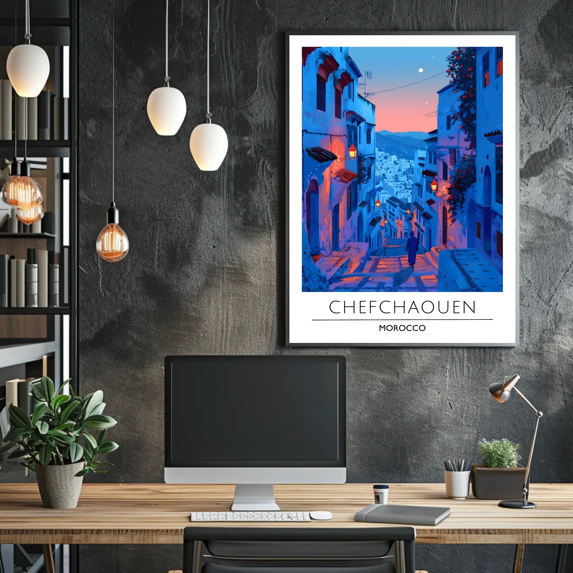 Chefchaouen Twilight: Dreamy Moroccan Urban Cityscape Poster