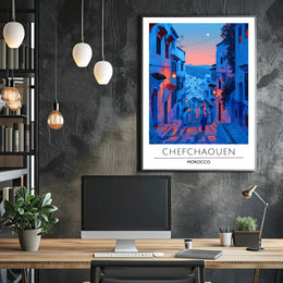 Chefchaouen Twilight: Dreamy Moroccan Urban Cityscape Poster