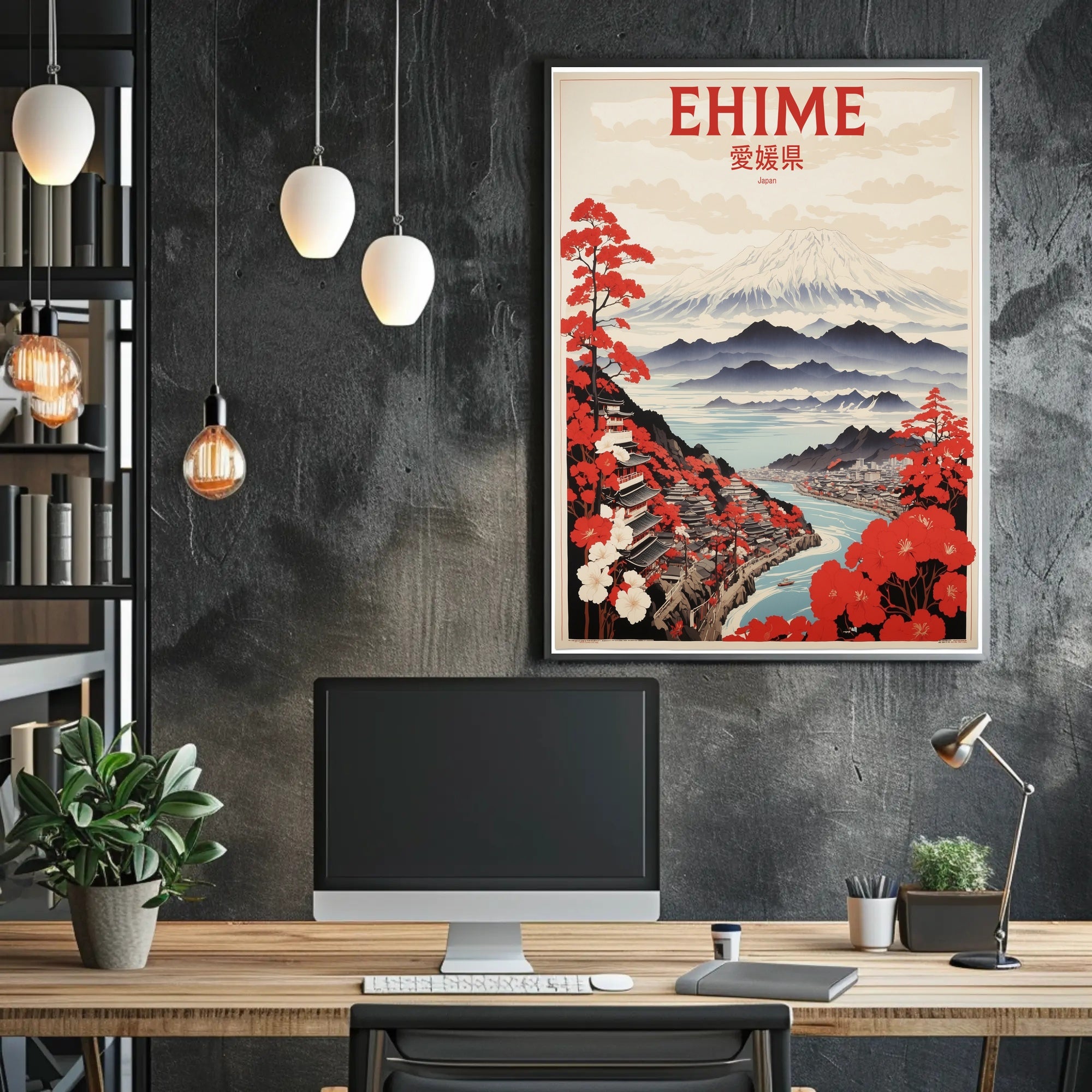 Stylized Traditional Ehime Japan Landscape Art Travel Poster