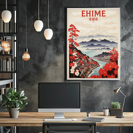 Stylized Traditional Ehime Japan Landscape Art Travel Poster