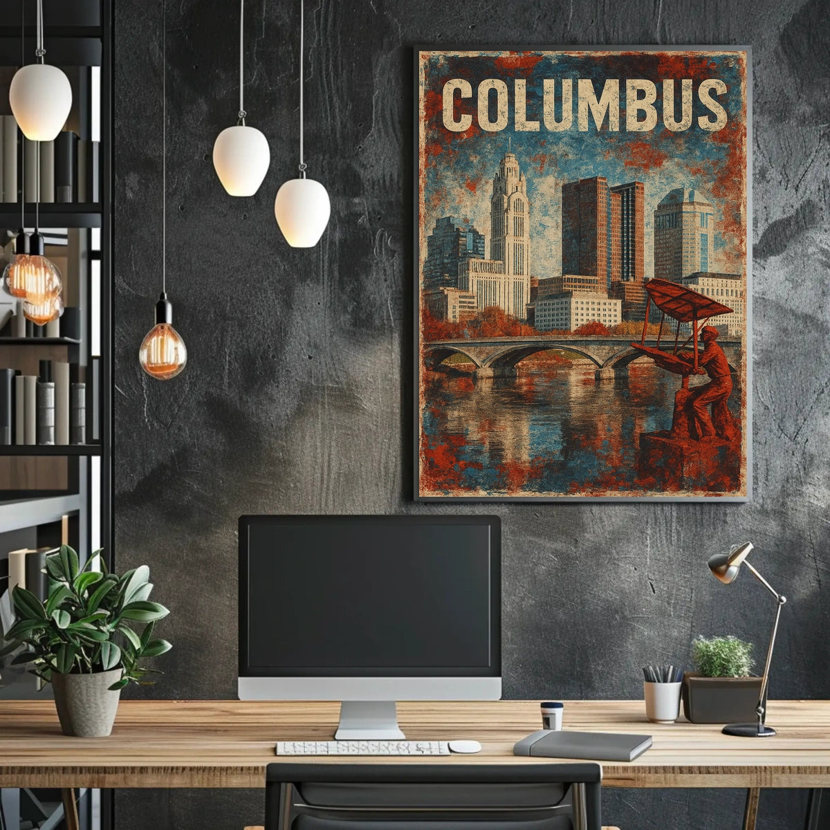 Art Deco Columbus Skyline Nostalgic Vintage Travel Poster