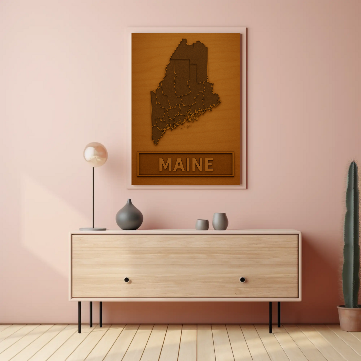 Maine Wooden Engraved State Outline Vintage Travel Poster