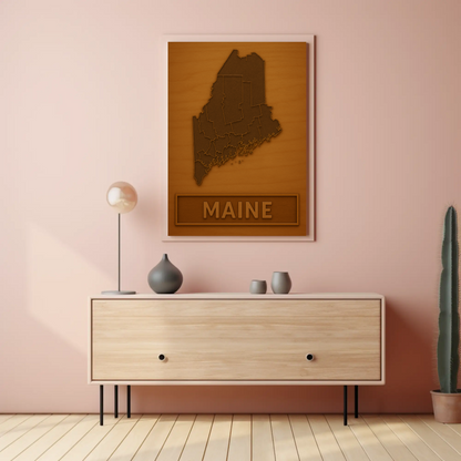 Maine Wooden Engraved State Outline Vintage Travel Poster