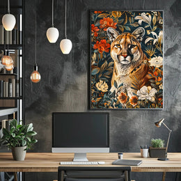 Majestic Cougar Floral Wall Art Print